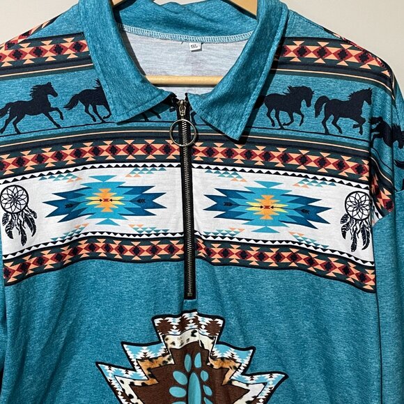 Southwestern Aztec Inspired Long Sleeve 1/4 Zip top 1X - Picture 4 of 8